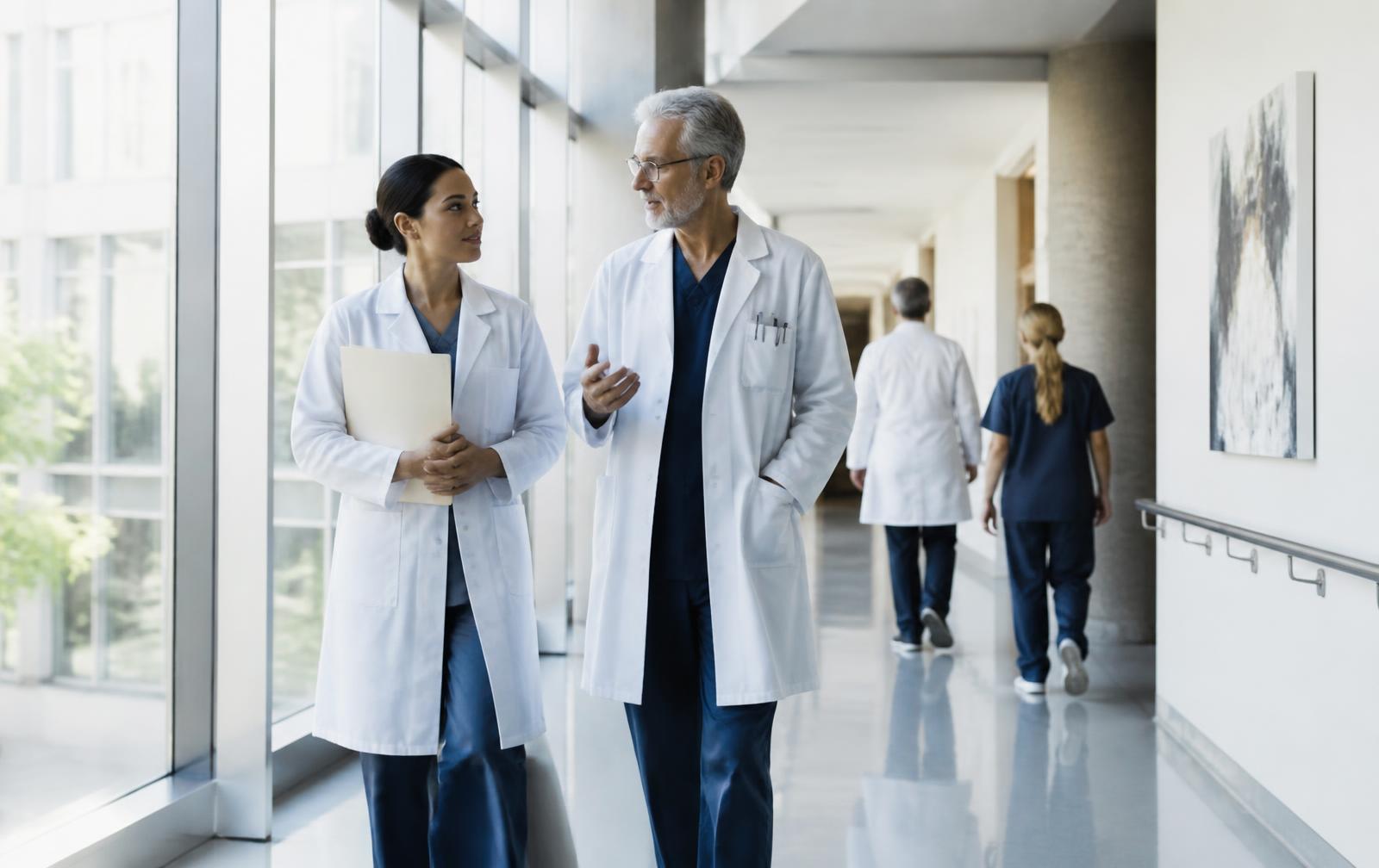 Profesionales sanitarios conversando en el pasillo de un hospital